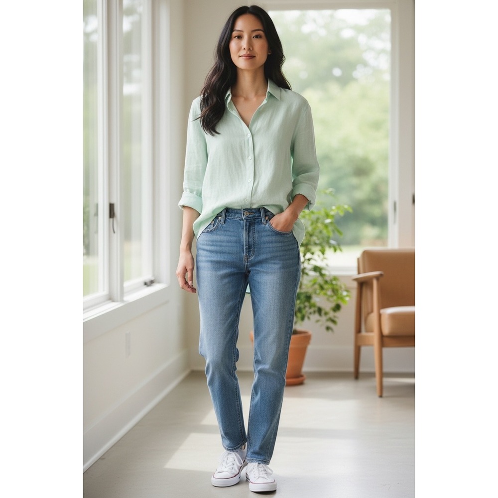 Coldwater Creek Womens Mint Green Linen Button Down Top Long Sleeve Sz S